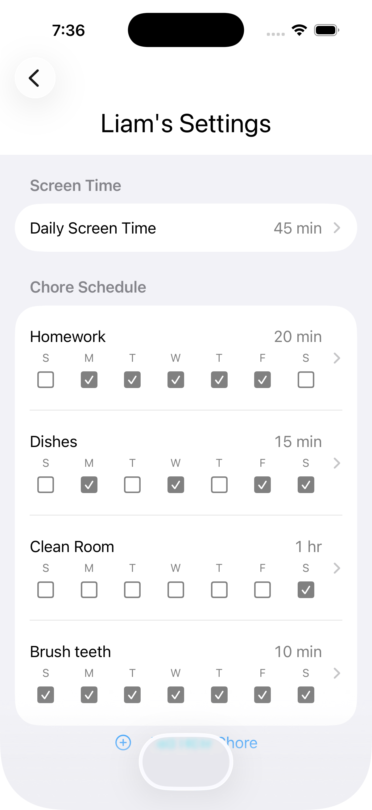 Parent app screen showing chores and screen time settings