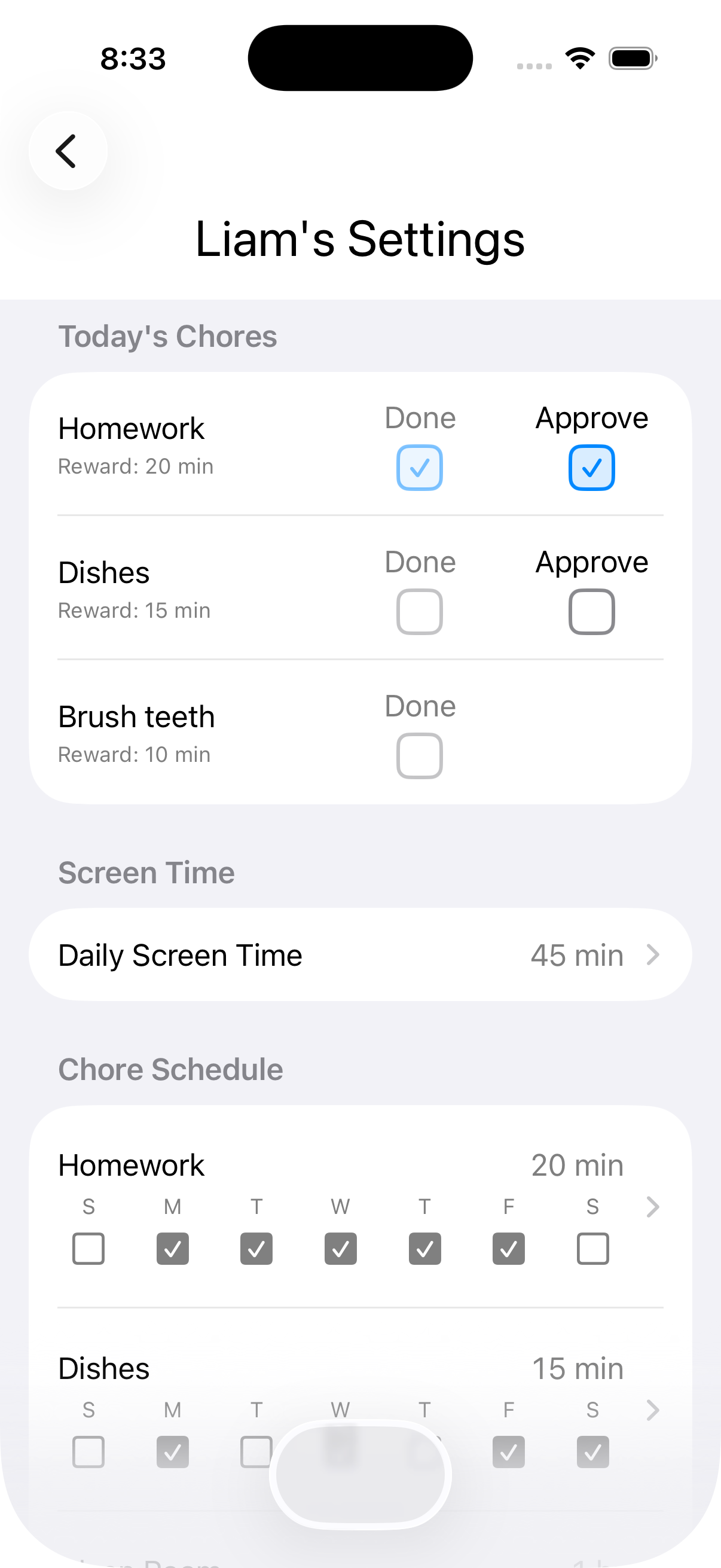 Parent approval screen for a completed chore