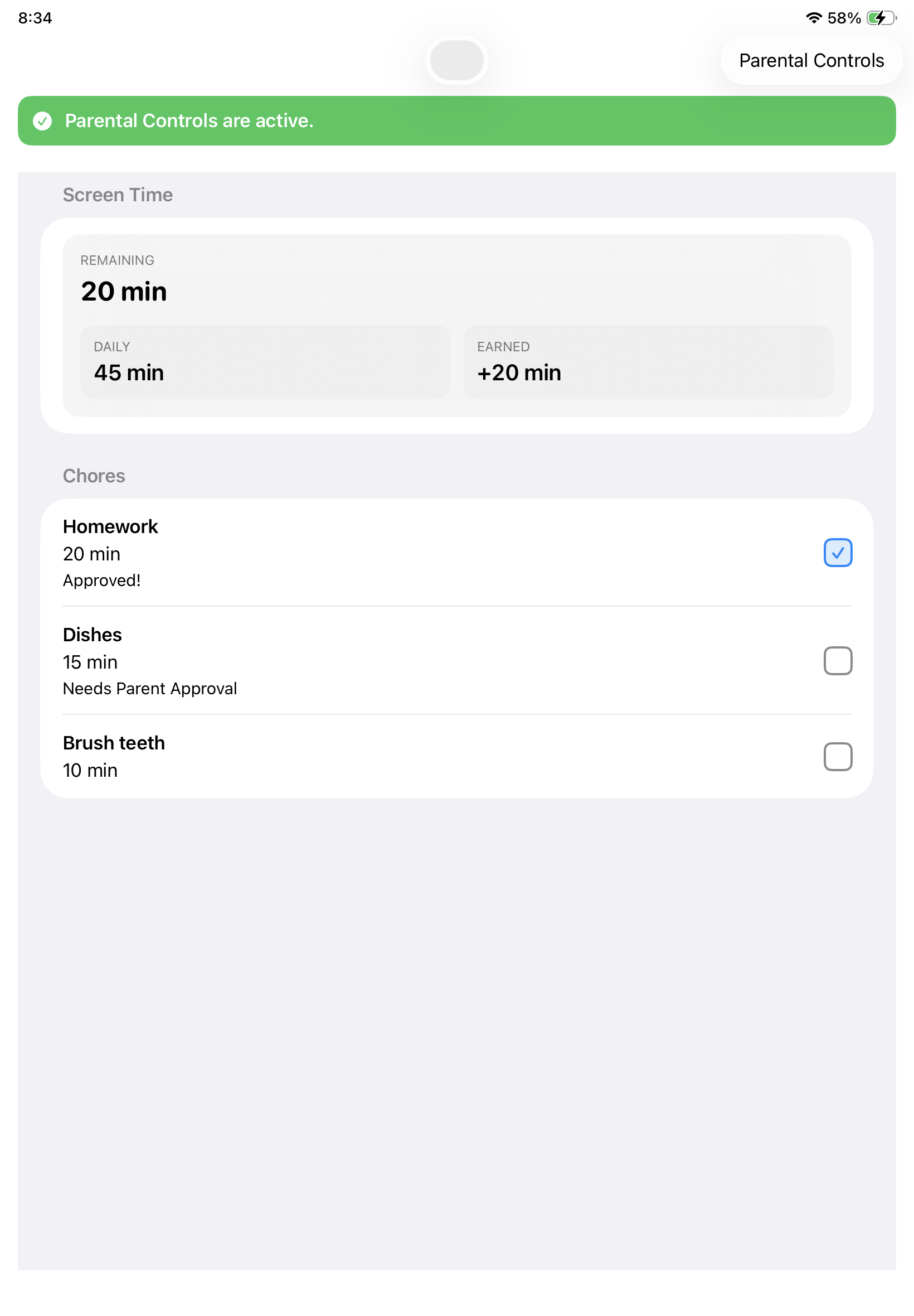 Child app screen showing approved chore and reward time